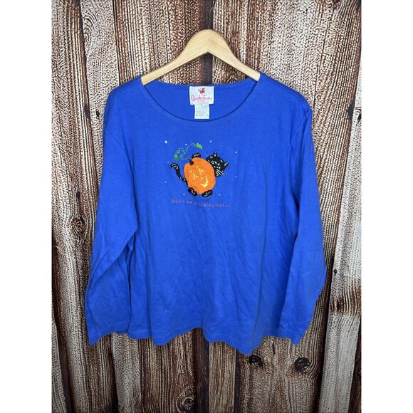 Quacker Factory Black Cat Pumpkin Embroidered Halloween Long Sleeve Shirt 1X - Picture 1 of 3